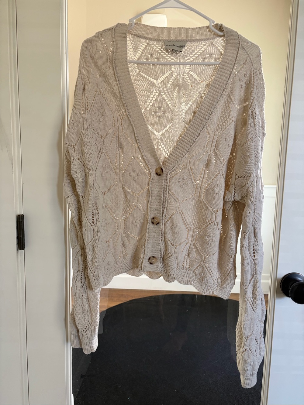 Freshman Open-Knit V-Neck Button Cardigan - Beige/Cream